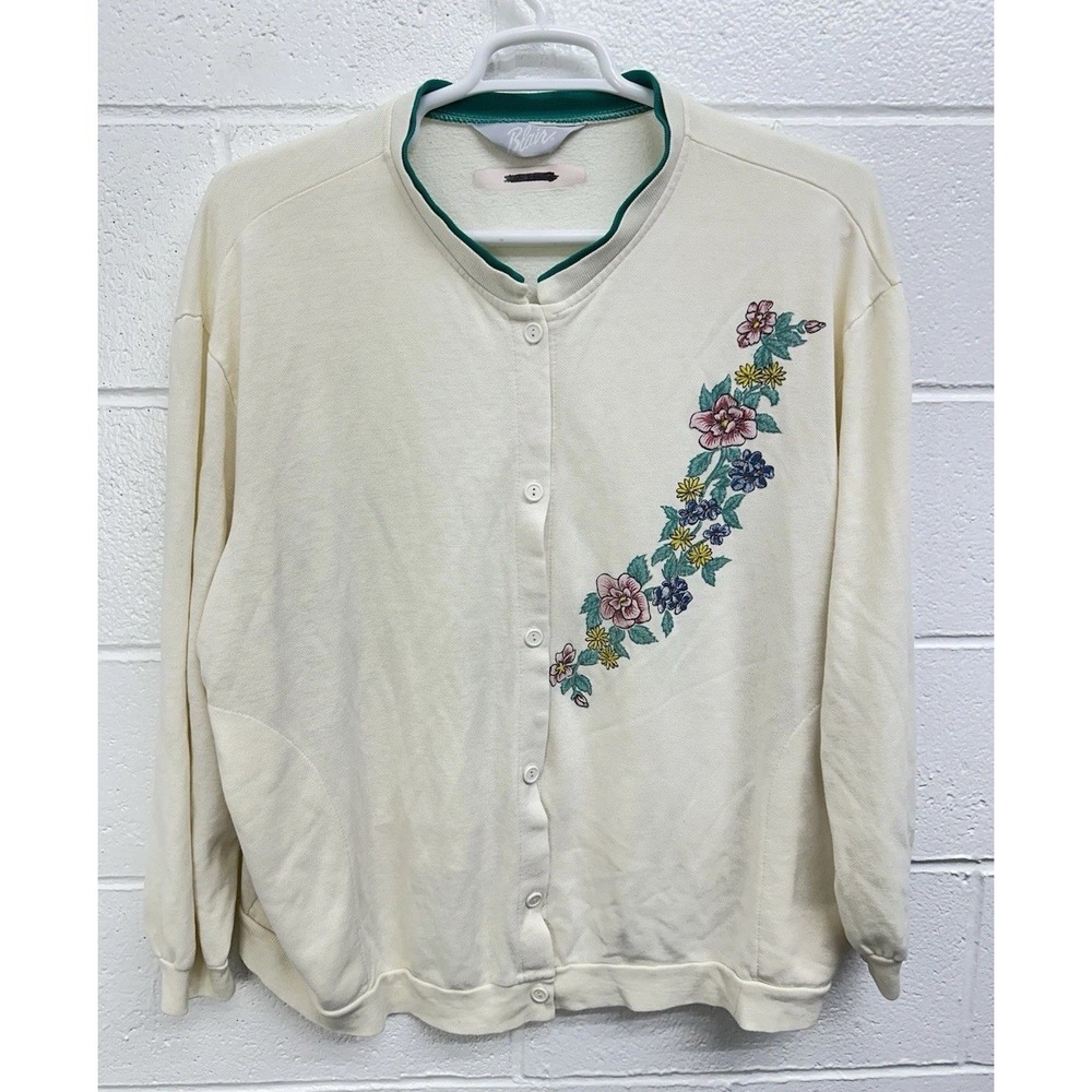Blair Sweatshirt Cardigan‎ Cream Floral Vintage Button / Women's XL